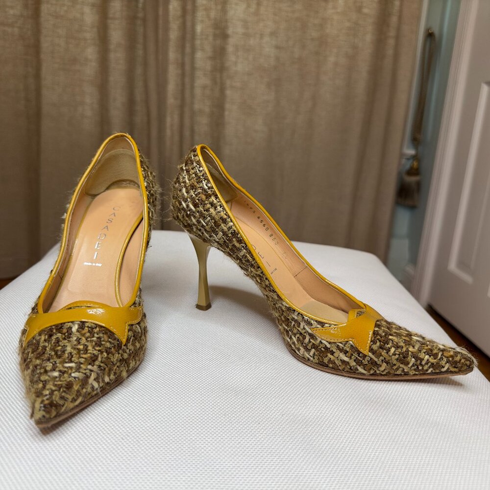 CASADEI Brown Tweed Patent Leather Twisted Heel Pumps, Size 7.5